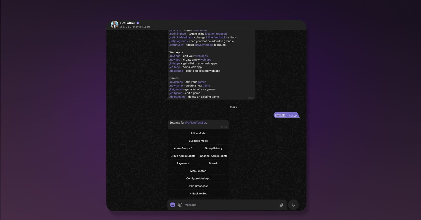 Меню в telegram по созданию бота 