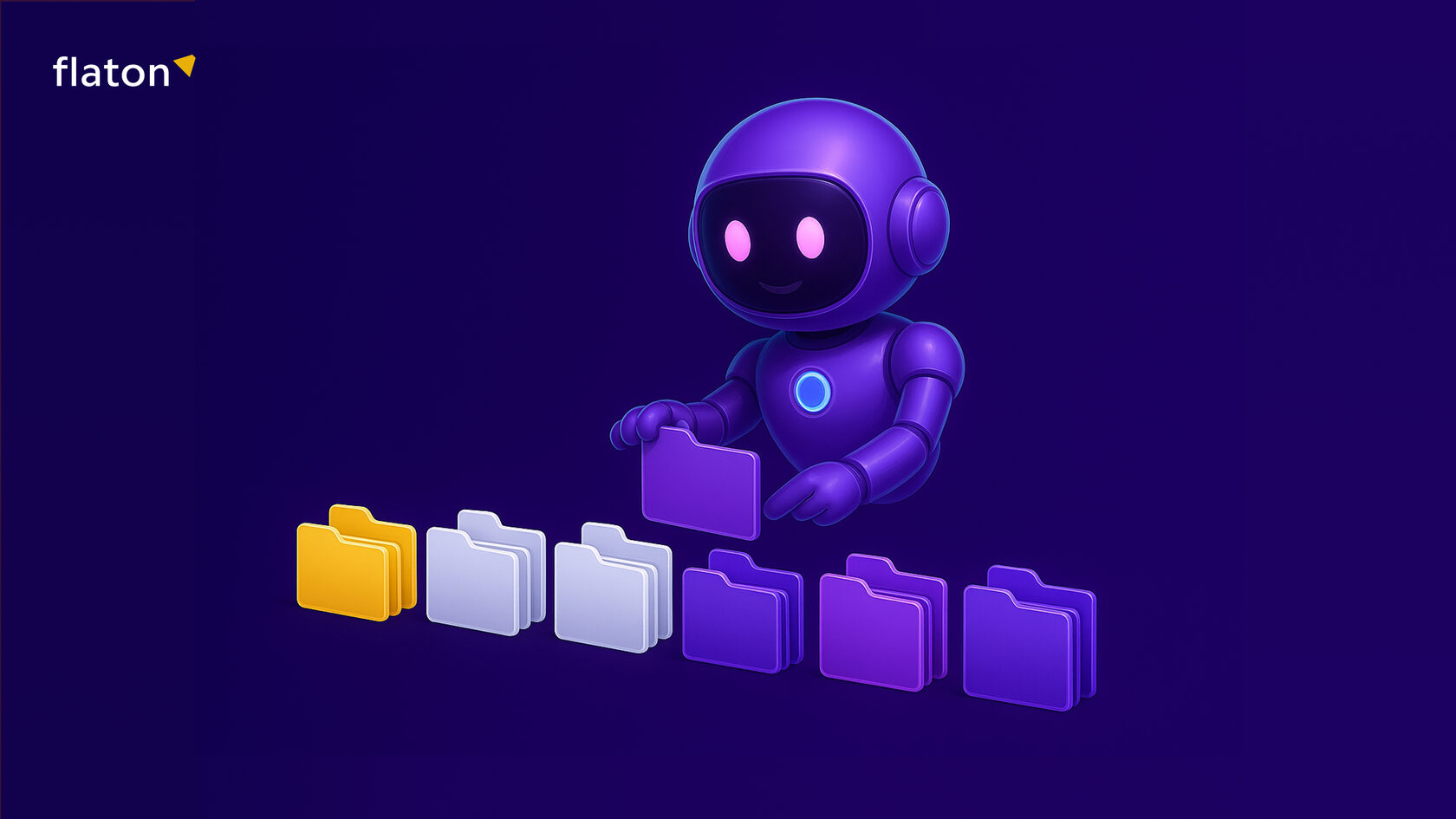 робот сортирует файлы на темно фиолетовом фоне