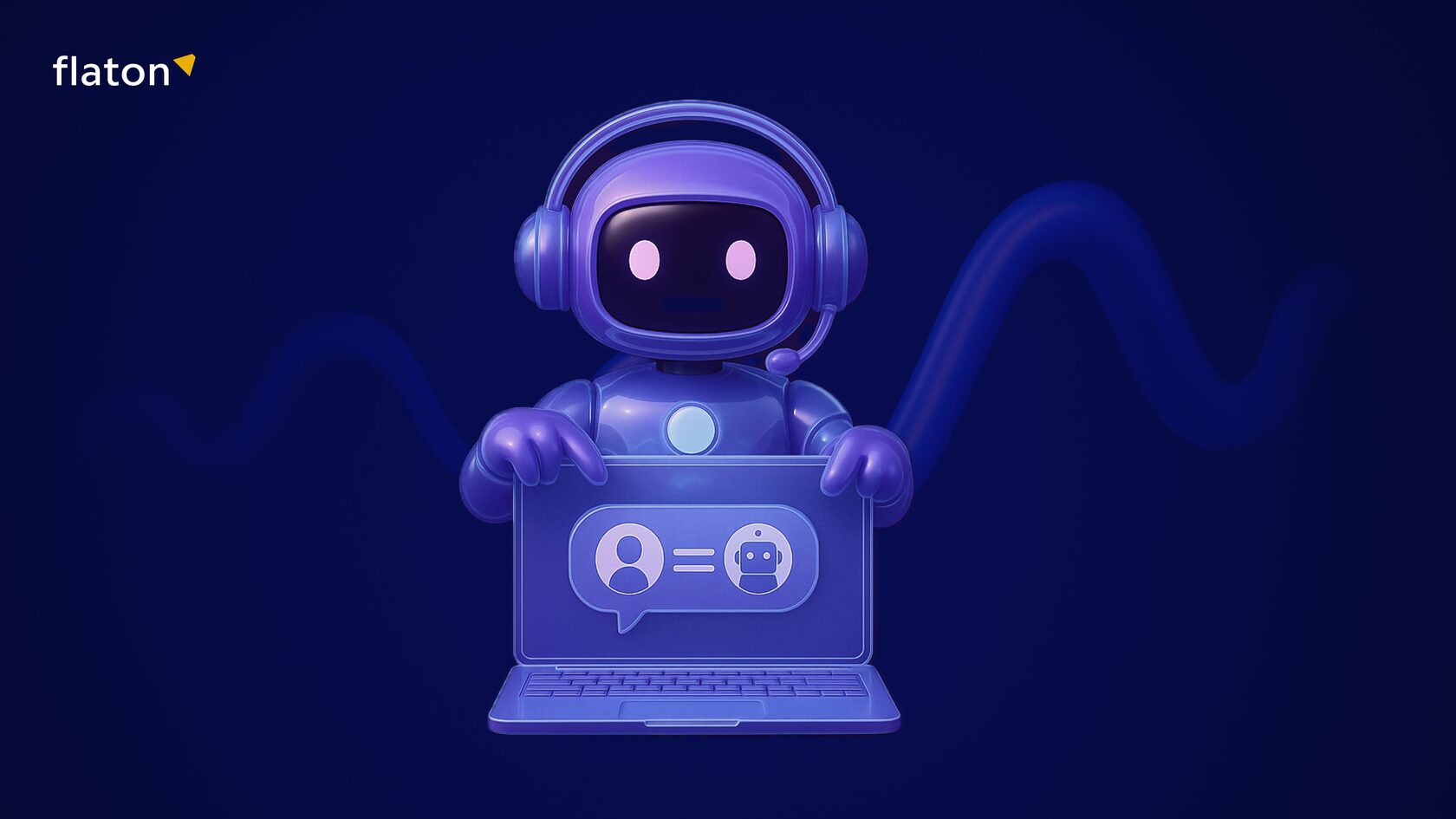 Робот оператор стоит за ноутбуком на темно-фиолетовом фоне
